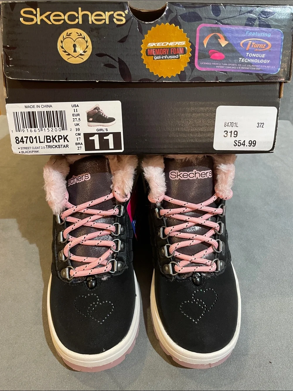 NEW Skechers Girls 11 Black Pink Suede Lace Up Boots Faux Fur Lined